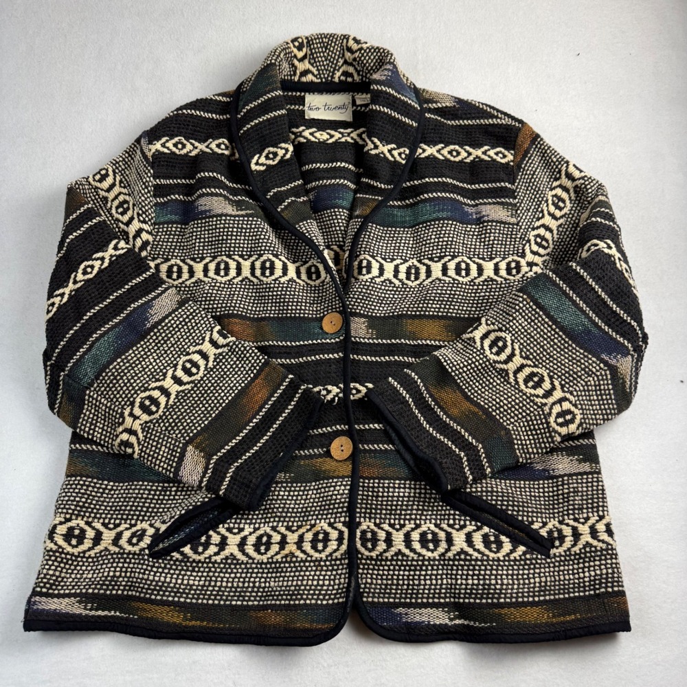 Two Twenty Womens Southwestern Cotton Woven Jacket Black Geometric‎ Blazer L